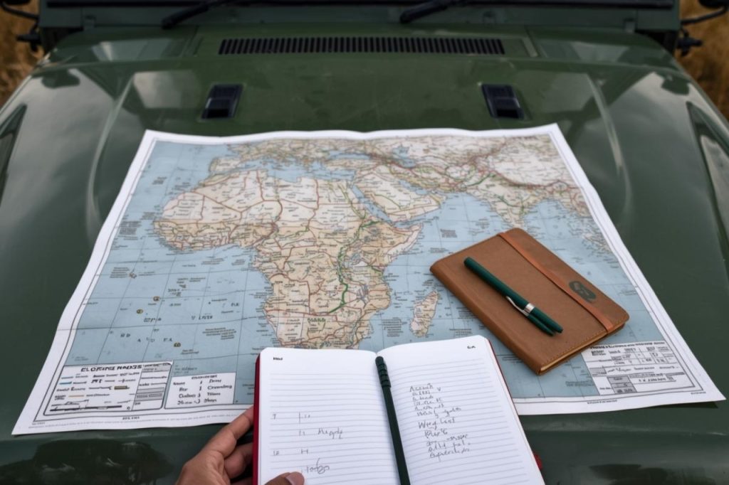 Safari map and notebook on vehicle bonnet, planning edges and water routes for hunting in Africa.
